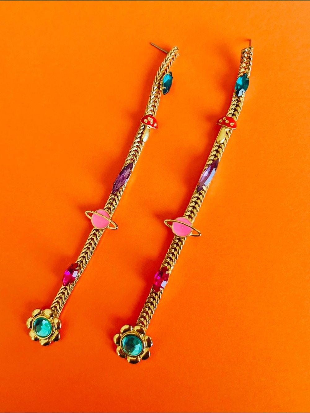 Cute Long Trippy Dangle Earrings | Planet Mushroom Rhinestone Gold Funky